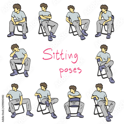 set of man sitting in different poses illustration drawing vector isolated on white background