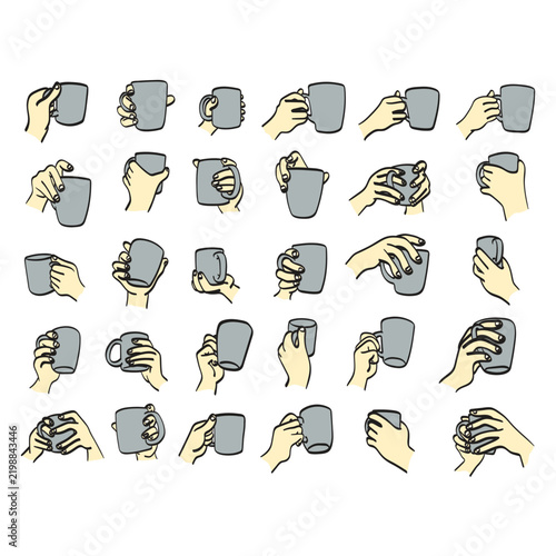 set of hand holding hot coffee cup illustration vector sketch with black lines