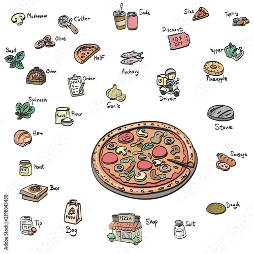 pizza and ingredien illustration vector sketch with black lines