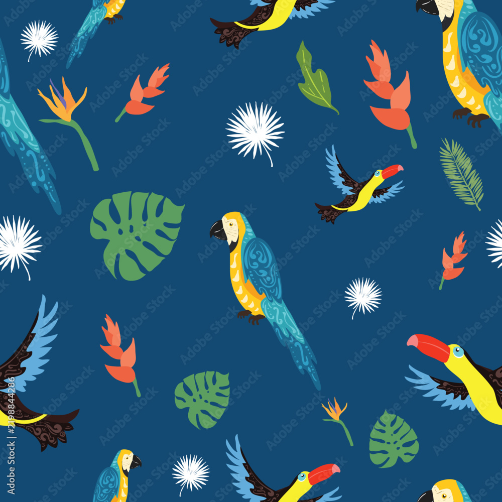 Fototapeta premium Tropical Birds and Plants Seamless Pattern Background