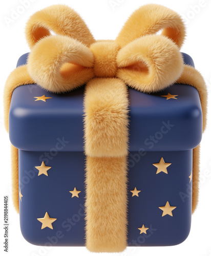 3D luxury blue gift box with gold stars pattern and fluffy fur bow ribbon for holiday celebration and special present promotion