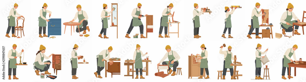 Fototapeta premium Collection of flat vector illustrations showing diverse craftsmen and craftswomen repairing, painting, and restoring wooden furniture, isolated on a white background.