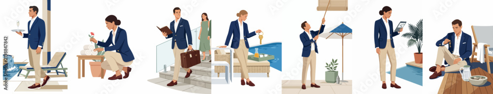 Fototapeta premium Professional hospitality staff illustrations showing various roles in a luxury hotel and resort setting with a focus on premium guest service excellence.