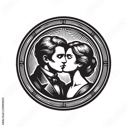 Vintage style engraving illustration of a romantic couple about to kiss inside a circular frame.
