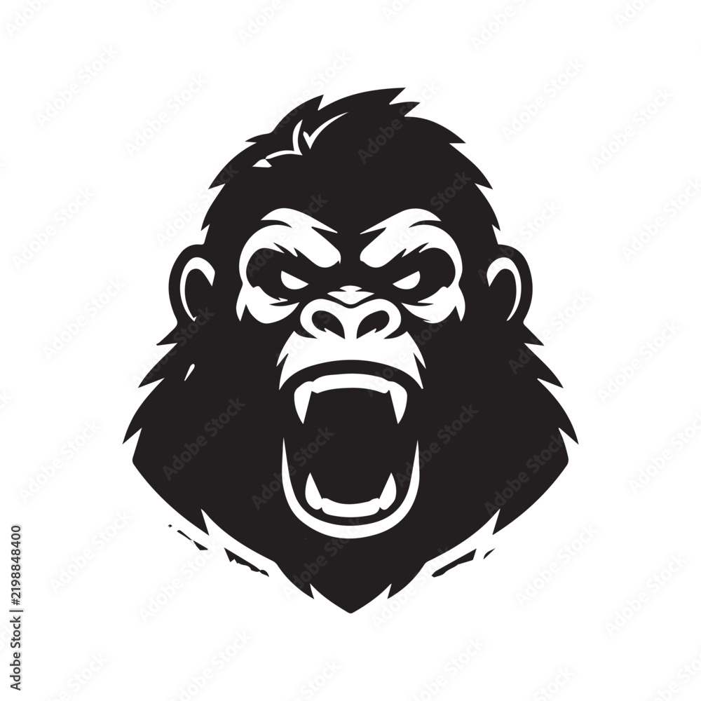 Fototapeta premium Stylized black and white vector illustration of an aggressive gorilla head mascot.
