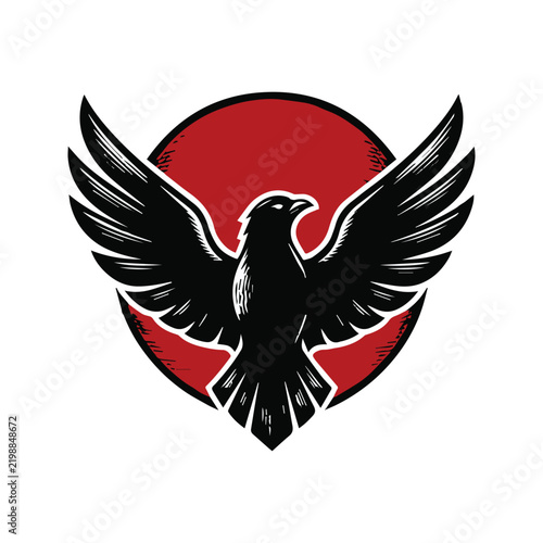 Stylized eagle emblem with spread wings against a circular red background.