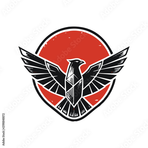 Stylized geometric eagle emblem design with a red circular background for sports or branding.
