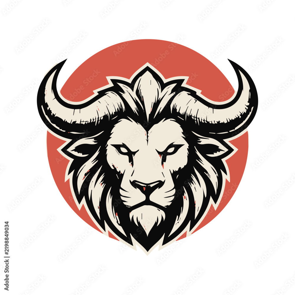 Fototapeta premium Stylized illustration of a fierce lion head with large horns inside a circular background.