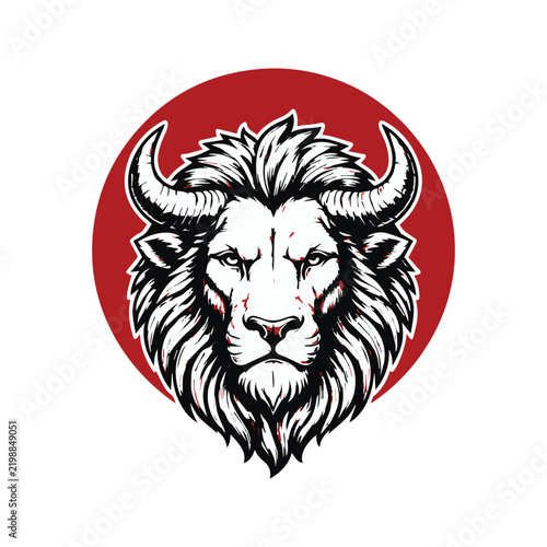 Stylized illustration of a fierce lion head with horns inside a red circle.