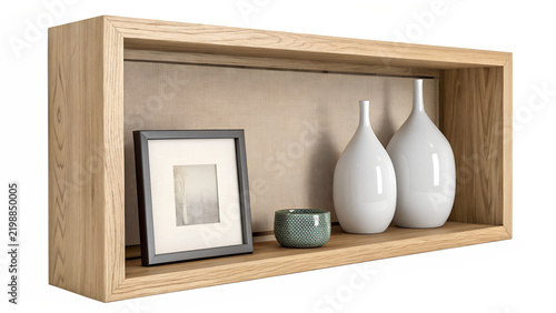 Wooden wall shelf with decorative picture frame and white vases isolated on white background isolated on transparent background