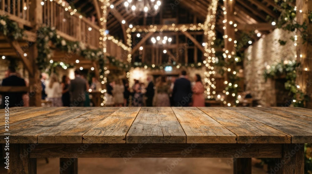 Fototapeta premium Cozy Rustic Barn Wedding Reception Rustic Wooden Table Top View Warm Lighting Atmosphere