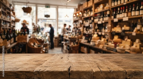 Authentic delicatessen shop interior with warm lighting showcasing wooden countertops, cheeses, wines, and blurred shoppers for vibrant marketing backdrops or food blog banners.