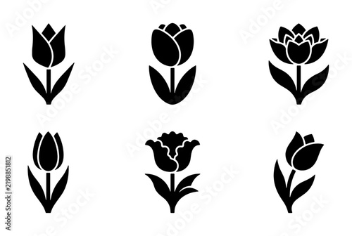 Minimalist tulip icon set, black floral vector glyphs, spring flower symbols collection