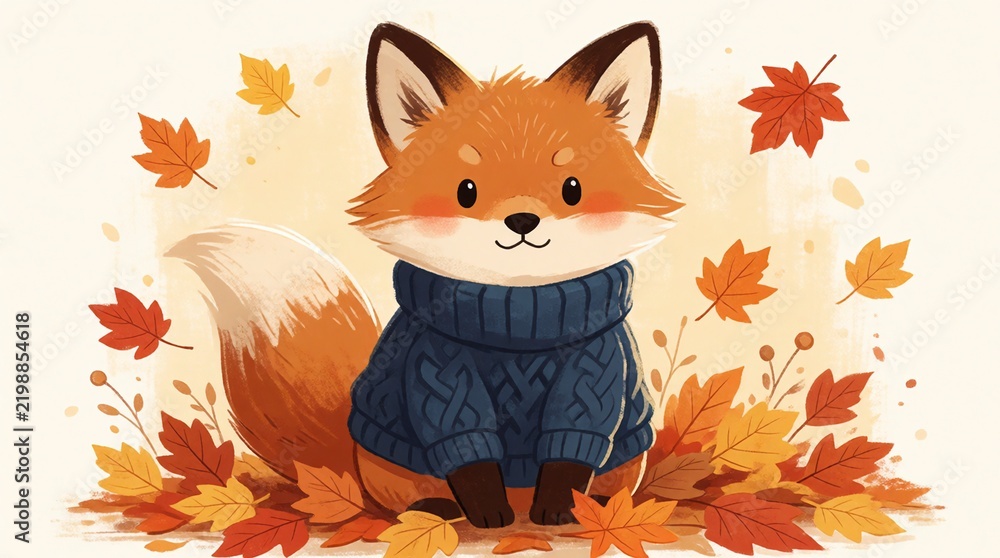 Fototapeta premium Cute cartoon fox wearing a blue knitted sweater sitting among autumn leaves on a light background
