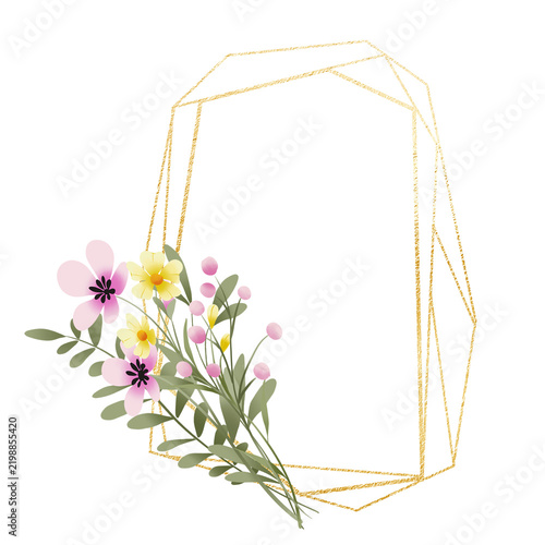 Golden geometric frame with flowers and leaves. Hand drawing digital gold floral border with place for text. Isolated on white background.