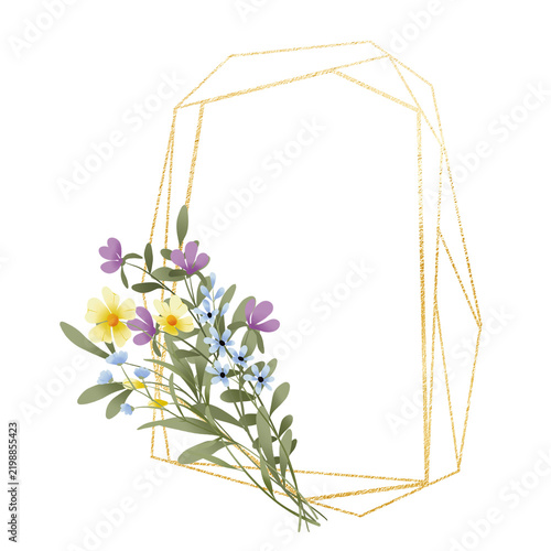Golden geometric frame with flowers and leaves. Hand drawing digital gold floral border with place for text. Isolated on white background.