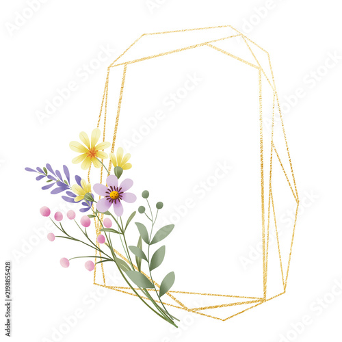 Golden geometric frame with flowers and leaves. Hand drawing digital gold floral border with place for text. Isolated on white background.