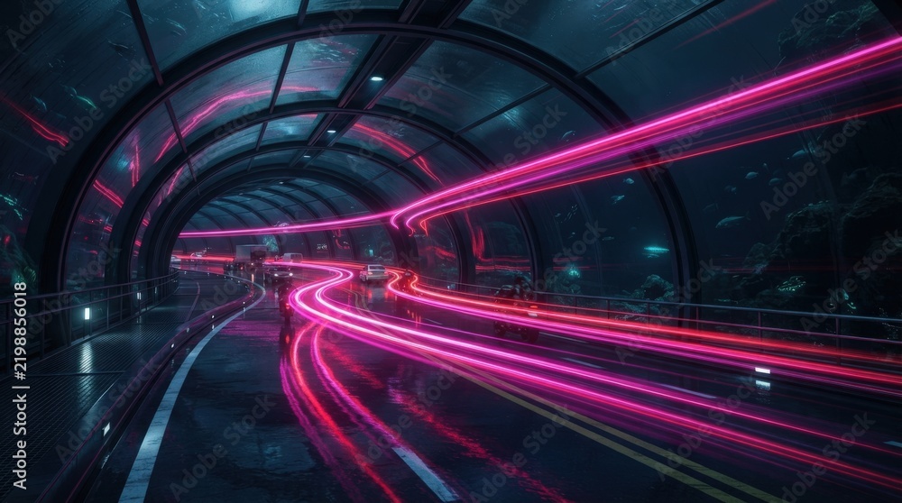 Fototapeta premium Stunning futuristic tunnel with vibrant pink light trails showcasing dynamic motion blur perfect for tech marketing banners, digital art, and modern website backgrounds.