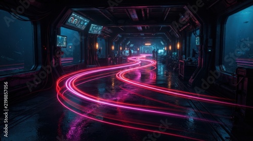 Stunning 3D sci-fi corridor featuring vibrant neon light trails and high-tech futuristic design perfect for video game backgrounds, digital art, and marketing visuals.