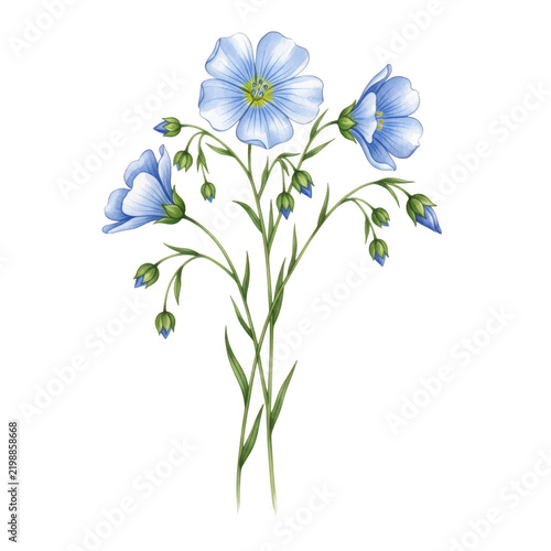 Delicate blue flax flowers with green stems and buds on a transparent background.