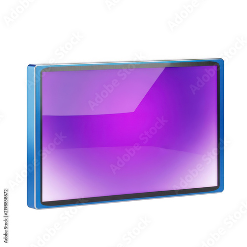 modern sleek tablet device with vibrant purple glowing screen reflecting light, showcasing technology and digital display on transparent background.