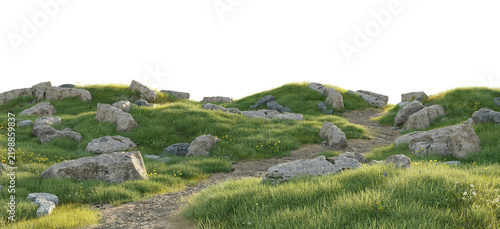 Rocky grass hill terrain with winding dirt path and scattered boulders isolated on transparent background – 3D rendering.