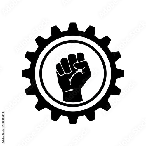 Black fist symbol inside a gear cog, representing industrial power, labor unions, and the strength of workers, 
