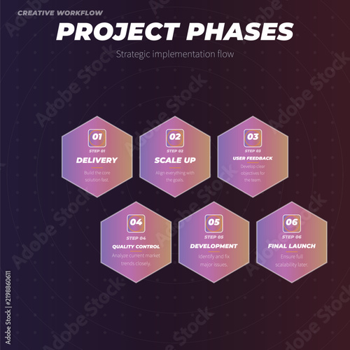 Creative workflow project phases infographic with hexagons Vector