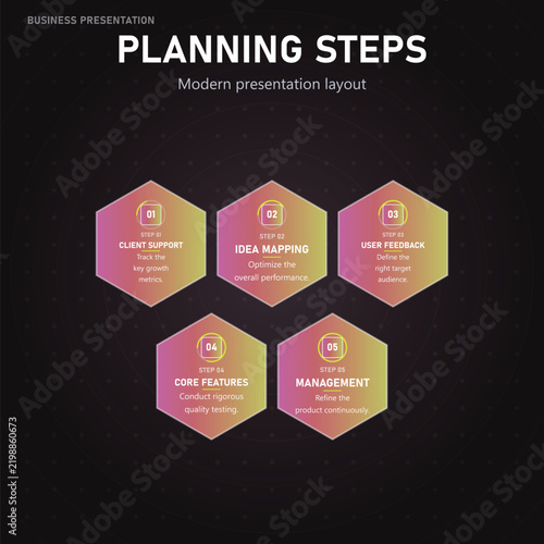 Modern business planning steps infographic with hexagon layout Vector