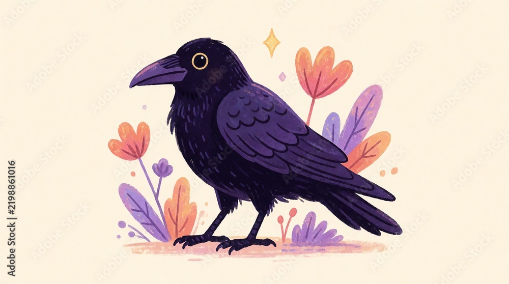 Obraz premium Stylized illustration of a black crow standing among colorful abstract flowers on a light background