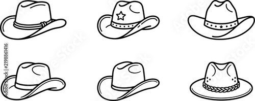 Collection of six vintage cowboy hats in a simple black and white sketch style