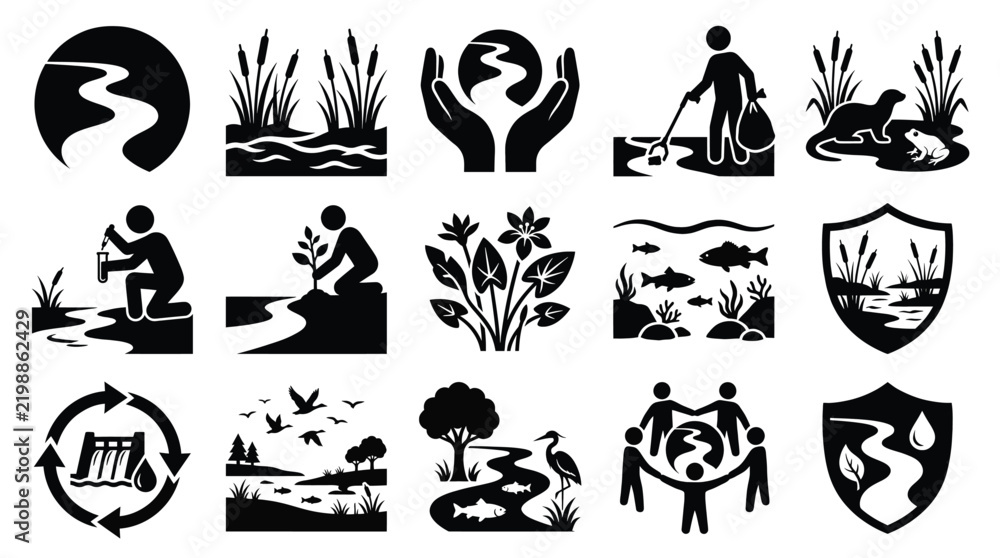 Fototapeta premium Set of river and wetland conservation icons