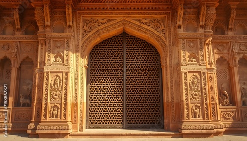 Intricate Indian architectural sandstone entrance with carved stone pillars and lattice Jali door.