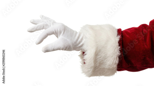 Santa Claus hand in white glove reaching for something, red velvet sleeve with white fur trim, Christmas character arm gesture for holiday advertising isolated PNG with Transparent Background