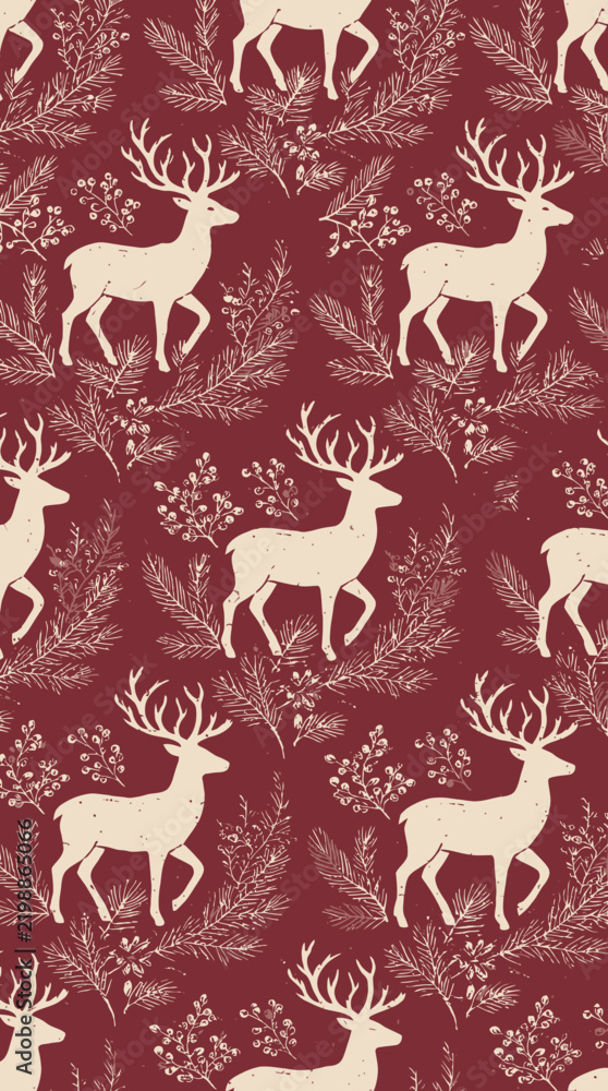 Obraz premium Reindeer Silhouettes with Forest Foliage Pattern in Burgundy