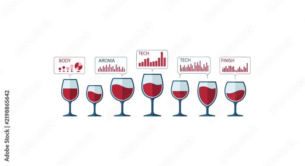Obraz premium Wine Analytics Infographic with Red Wine Glasses and Data Charts
