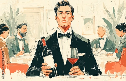 Male sommelier in black tuxedo holds wine bottle and glass in upscale restaurant with diners at tables and elegant decor in the background