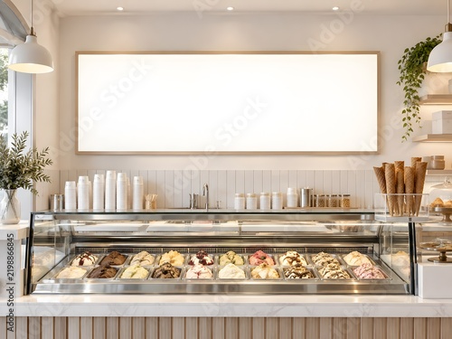 Bright Gelato Shop Interior with Large Blank Menu Board Colorful Ice Cream Display Waffle Cones Cups and Modern Counter