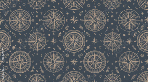 Compass rose pattern with maritime symbols in dark blue background
