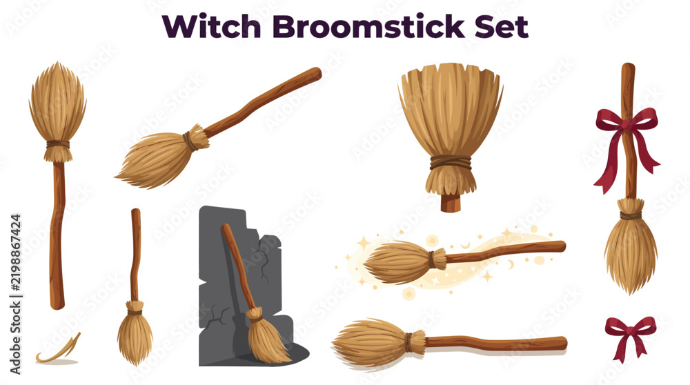 Obraz premium Set of various witch broomsticks for Halloween design elements.