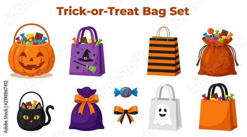Obraz na plátně Set of various Halloween trick or treat bags filled with colorful candies and sweets