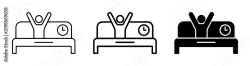 Morning routine silhouette icons set, person waking up in bed, alarm clock, daily life