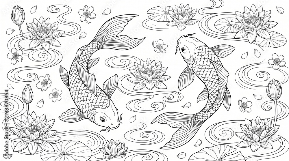 Fototapeta premium Japanese koi fish pair swimming among blooming lotus flowers zen adult coloring page