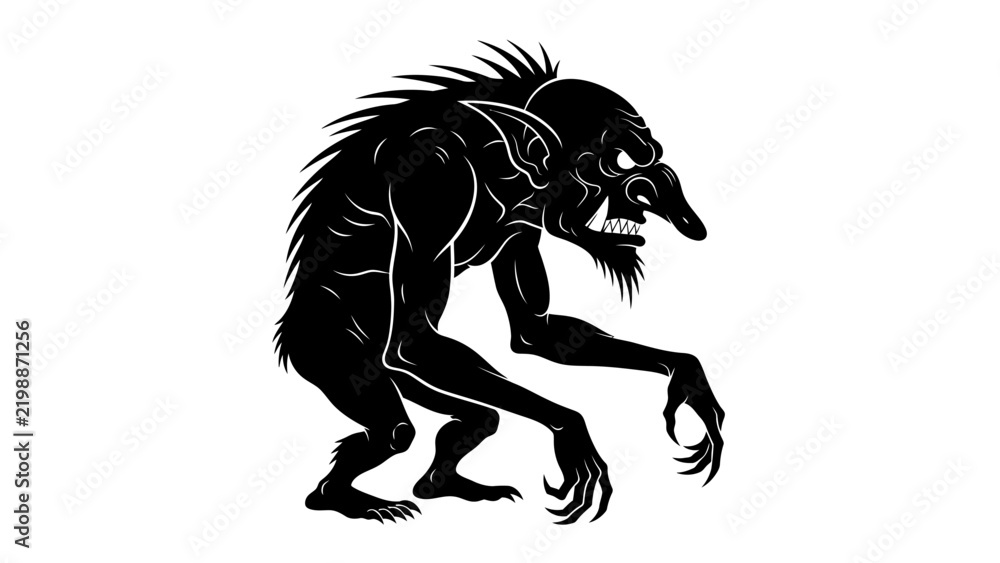 Obraz premium A black and white vector silhouette of a menacing fantasy troll or goblin creature with sharp claws and teeth, representing mythology, monsters, and fantasy concepts.