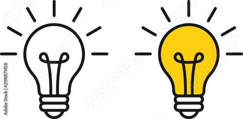 Bright yellow light bulb idea symbol and outline drawing.