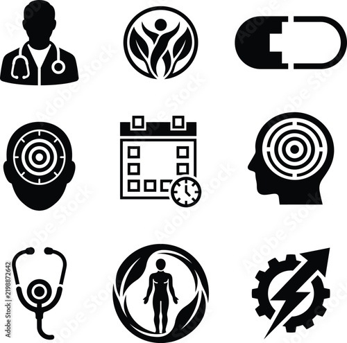 Medical health icons set with doctor, stethoscope, pill, and wellness symbols
