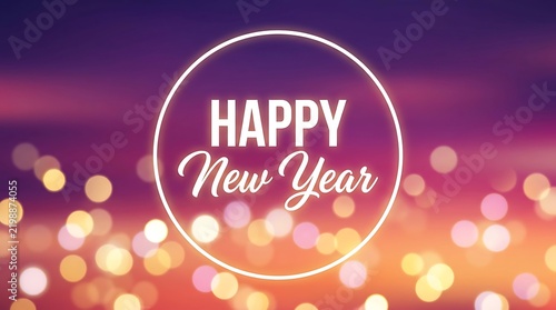 Festive happy new year greeting with sparkling bokeh lights and a circular white frame design