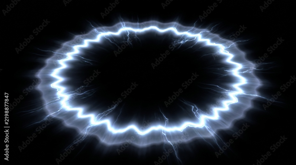 Fototapeta premium Glowing electric energy portal circular frame featuring bright blue lightning bolts on a dark black surface