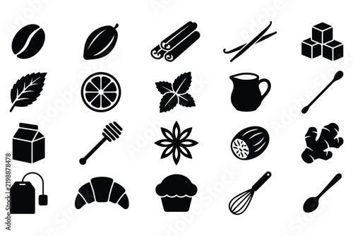 Cafe Ingredients and Beverage Elements Silhouette Collection