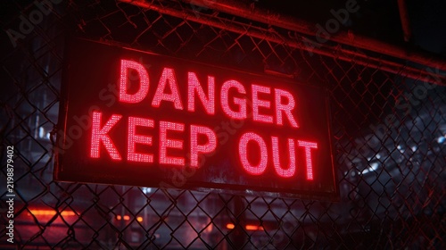Red danger keep out sign on metal fence in industrial corridor